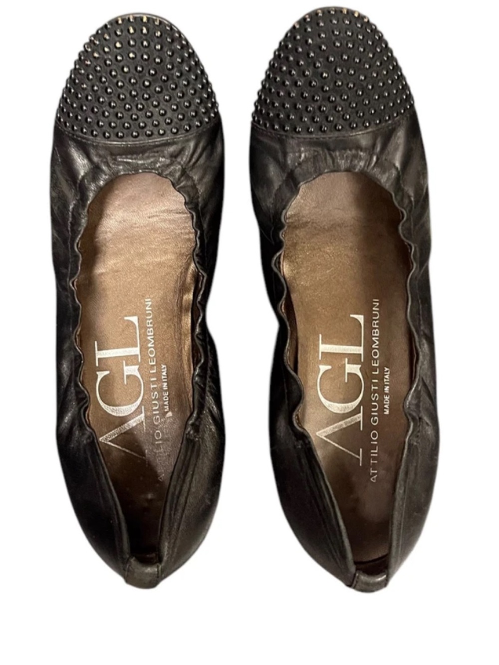 AGL Black Studded Leather Ballet Flats with Textured Toe